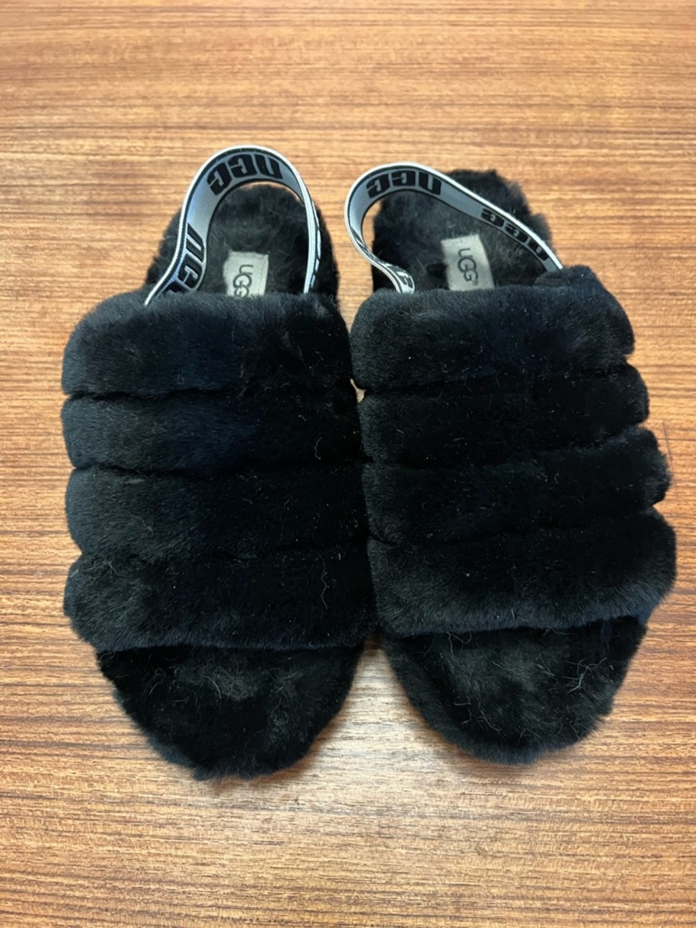 UGG Black Fluff Yeah Slide Slippers with Branded Heel Strap